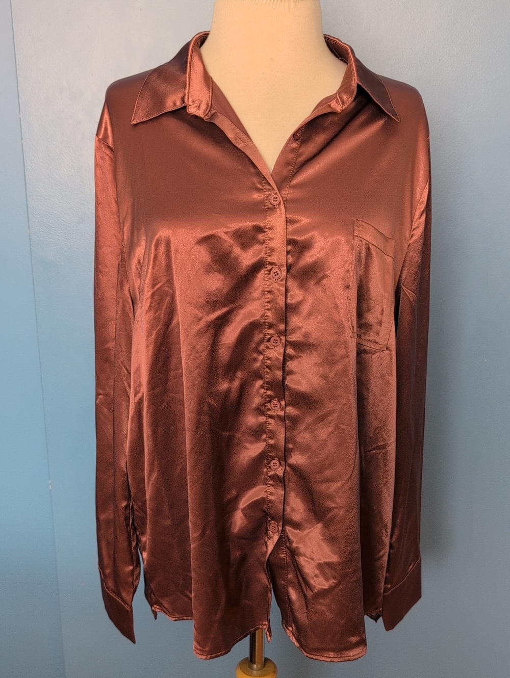 NWT aeom Shiny Satin Button-Front Shirt - Brown